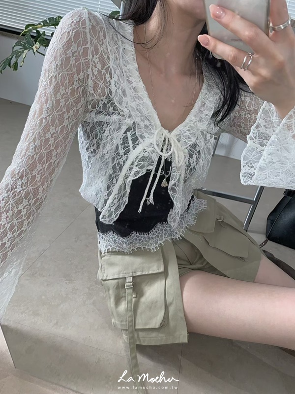 短版花袖綁繩蕾絲上衣